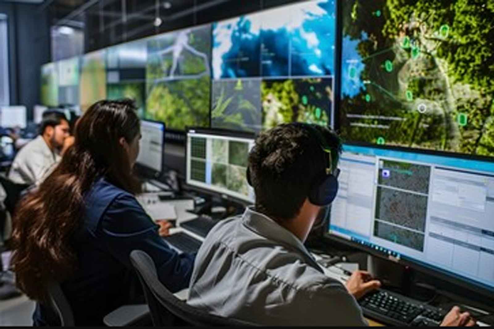 Researchers monitor data on large displays in an AI research lab