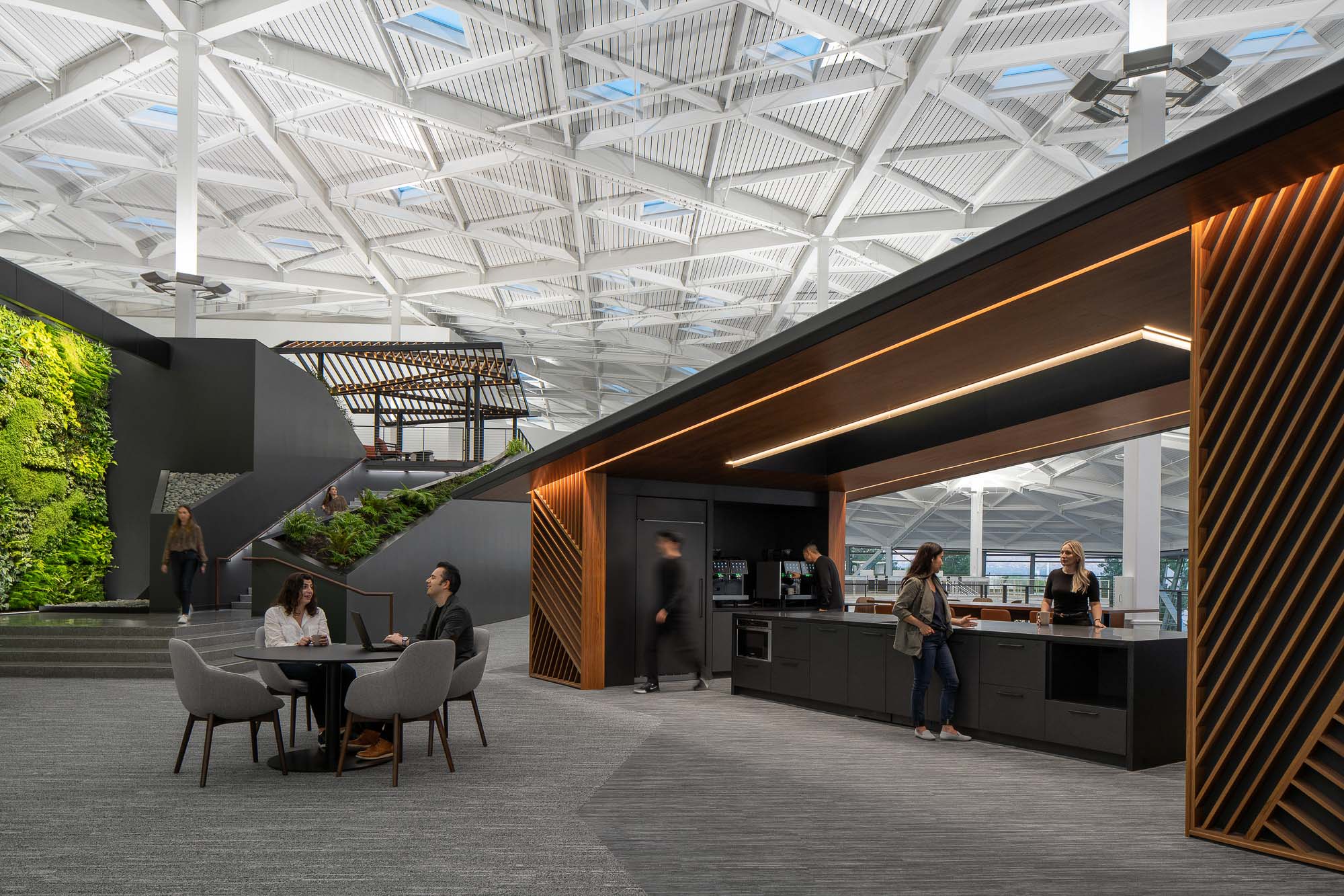 A lounge and planted stairway inside Nvidia’s campus, designed by Gensler