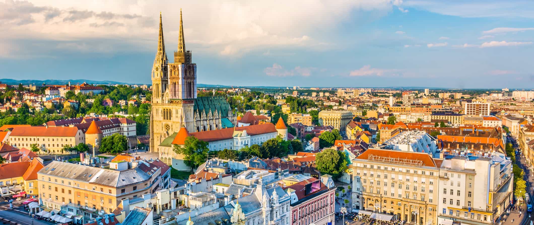 Zagreb cathedral and surrounding city rooftops